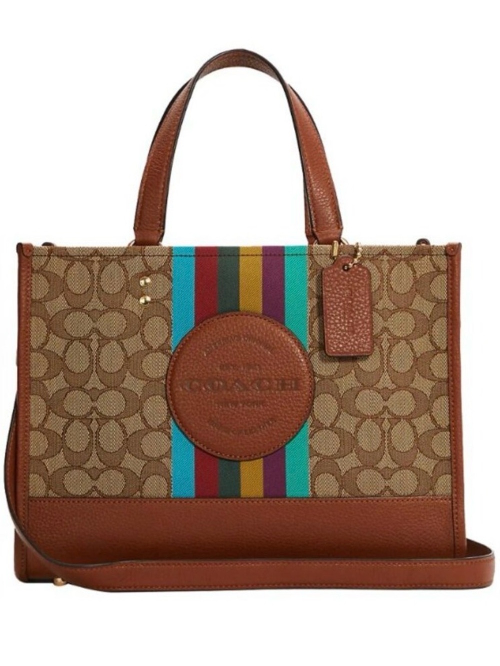 Coach Brown Signature Canvas Crossbody with Teal, Red, Gold & Purple Stripes!